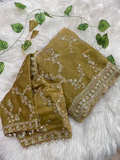 Mustard Gold Embroidered Ready to Wear Saree with Free Stitched Blouse