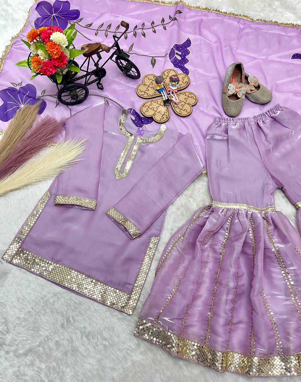 Kids Lilac Embroidery Work Sharara Suit