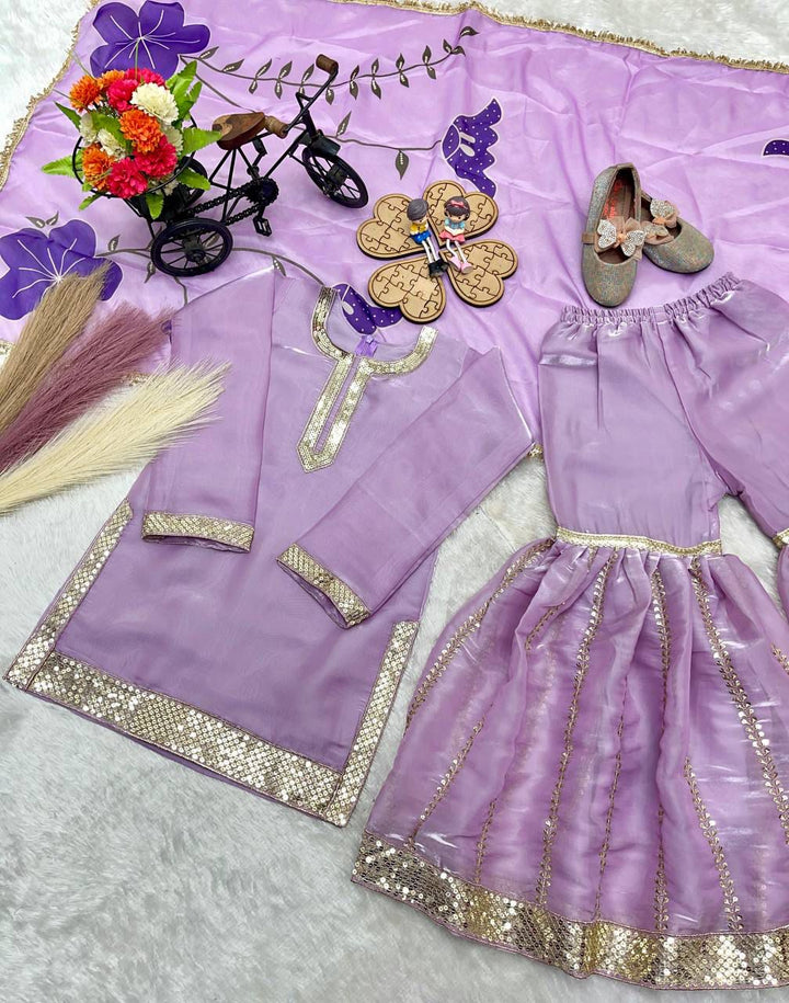 Kids Lilac Embroidery Work Sharara Suit