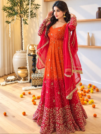Red Orange Ombre Embroidered Anarkali Gown Set