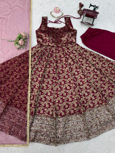 Meher Maroon Chanderi Gold Jacquard Anarkali Suit