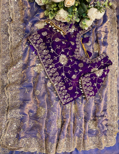 Lilac Pre-Stitched Ready to Wear Saree with Free Purple Embroidered Stitched Blouse