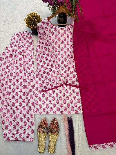 Pink Printed Cambric Cotton Farshi Pant Suit for Women