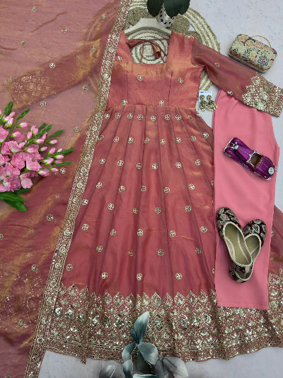 Dusty Rose Pink Gold Embroidered Women&
