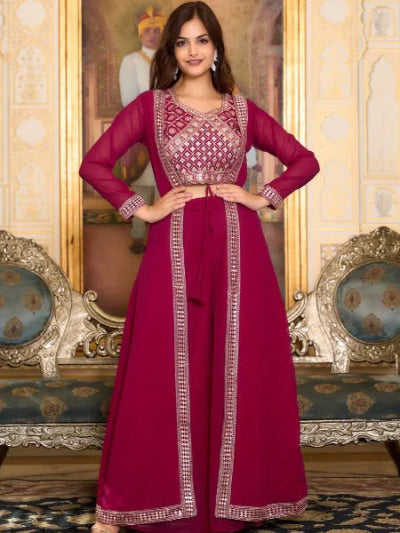 Rani Pink Georgette Embroidered Indo Western Shrug Suit UK Next Day