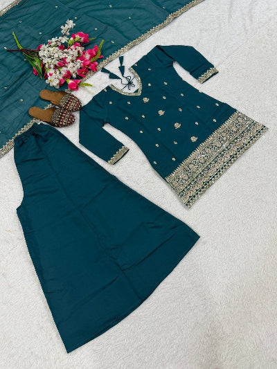 Teal Blue Sequin Embroidered Sharara Suit for Women