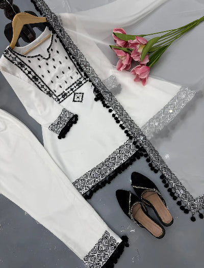 White Embroidered Mirror Work Peplum Style Suit Set