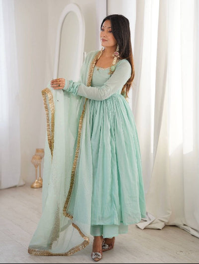 Soft Mint Green Designer Lace Work Anarkali Suit