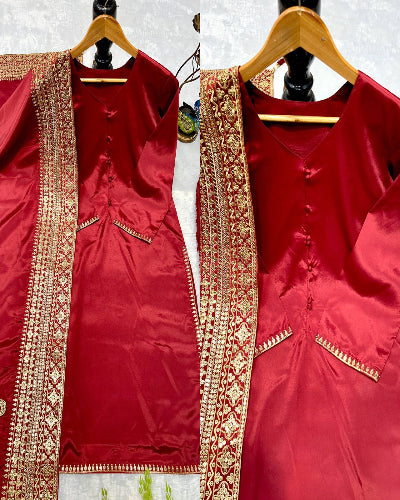 Red Gold Embroidery Moti Work Straight Suit