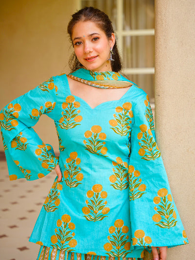 Turquoise Blue Cotton Farshi Suit for Women