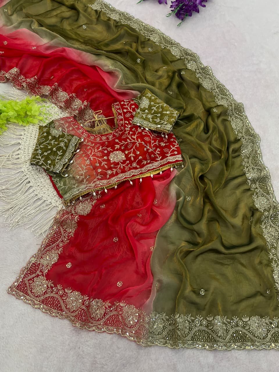 Red &amp; Olive Pre-pleated Ready to Wear Saree with Embroidered Stitched Blouse