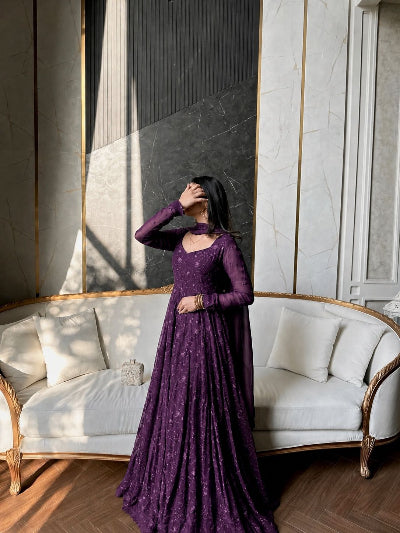 Deep Purple Georgette Embroidered Gown Dupatta Set Of 2