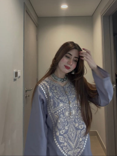 Dusty Grey Silver Zari Embroidery Kurti Pant Set Of 2