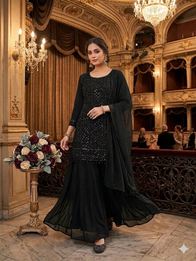 Black Georgette Palazzo Suit with Beads &amp; Sequins
