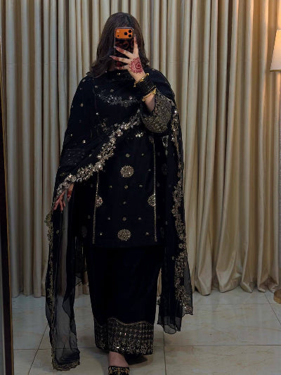 Black French Crepe Party Wear Palazzo Suit Set