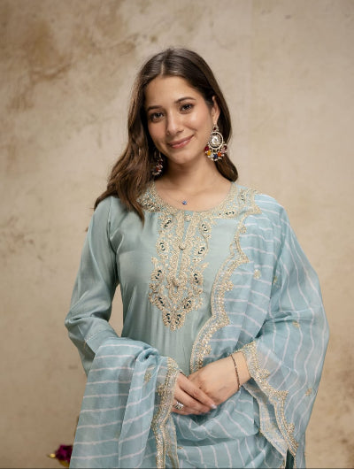 Powder Blue Embroidered Chanderi Suit for Women | Asian Ethnic Wear UK