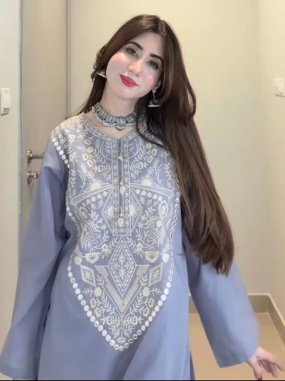 Dusty Grey Silver Zari Embroidery Kurti Pant Set Of 2