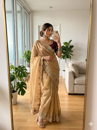 Gold Tissue Silk Ready to Wear Saree with Maroon Stitched Embroidered Blouse