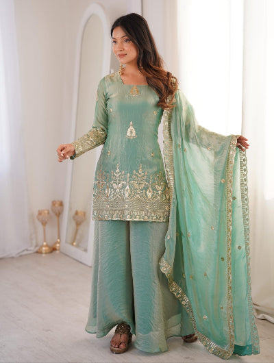 Seagreen Embroidered Sharara Suit UK | Women&