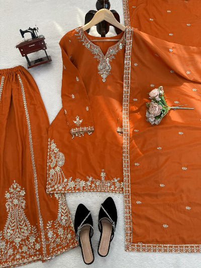 Orange Intricate Sequence Work Sharara Palazzo Suit