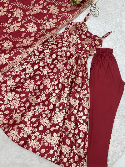 Deep Red Banarasi Gold Jacquard Sleeveless Anarkali Suit Set UK Next Day