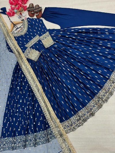 Peacock Blue Silk Embroidered Anarkali Suit UK Next Day