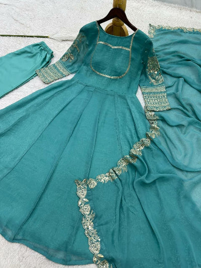 Teal Blue Embroidered Crunchy Silk Anarkali Suit for Women