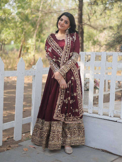 Maroon Georgette Anarkali Gown Set with Full Embroidery Sequence UK Next Day