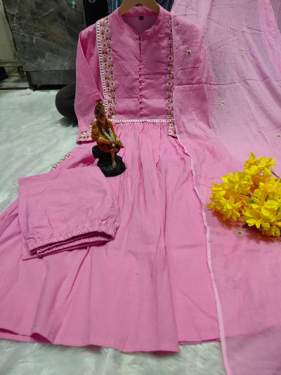 Pink &amp; Blue Lightweight Cotton Anarkali Suit with Embroidery