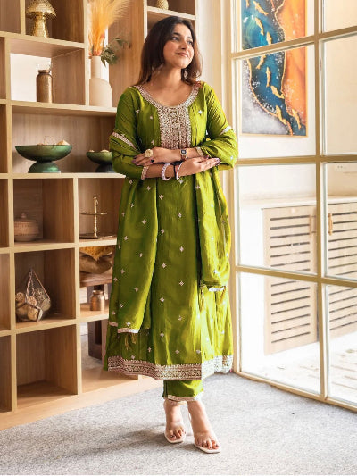 Embroidered Designer Silk Anarkali Suit Set- 3 Colours