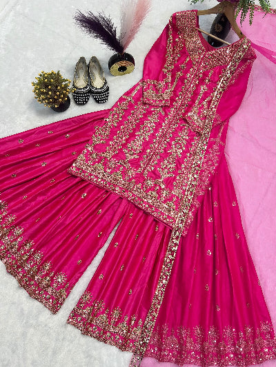 Hot Pink Gold Embroidered Satin Silk Sharara Suit Set
