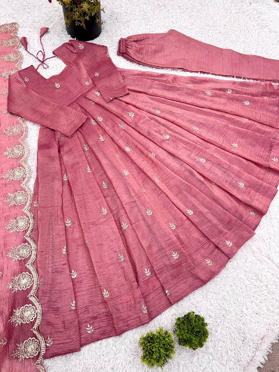 Rose Pink Crush Silk Embroidery Anarkali Suit