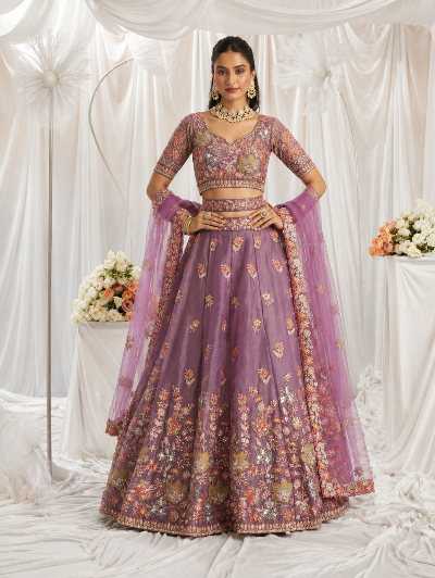 Mauve Pink Designer Lehenga Choli with Embroidered Net Dupatta UK Next Day