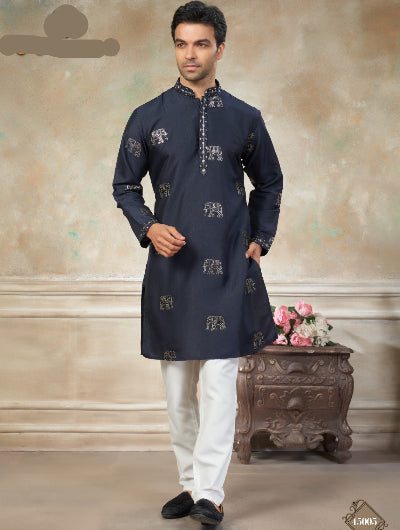 Designer Men’s Silk Elephant Embroidery Kurta Pajama Set