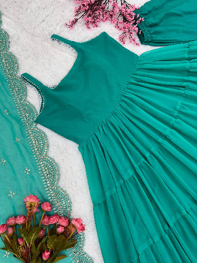 Teal Green Ruffle Pattern Anarkali Suit UK Next Day