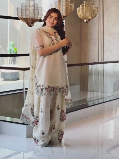 Elegant White Embroidered Farshi Palazzo Suit