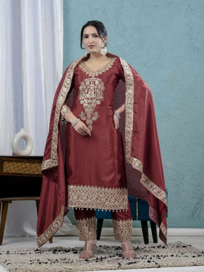 Brick Maroon Embroidered Chinnon Silk Straight Suit Set for Women UK