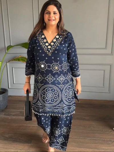 Designer Bandhani Chinon Silk Coord Set with Mirror Work