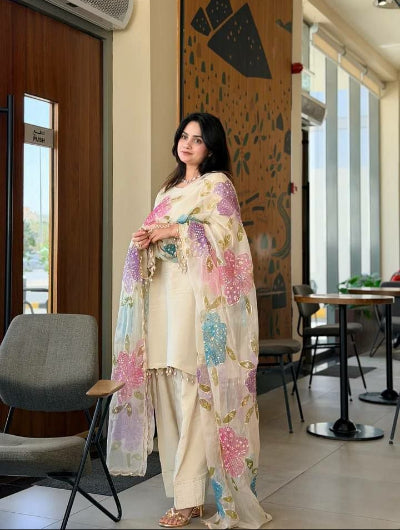 Ivory Cream Crepe Farshi Suit Set with Floral Organza Dupatta