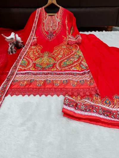 Plus Size Red Muslin Embroidered Mirror Work Suit Set