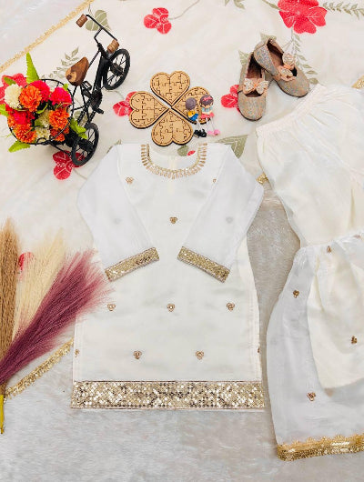 Kids White Embroidery Work Floral Sharara Suit