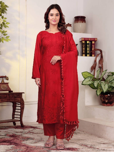 Red Embroidered Rayon Straight Suit Set