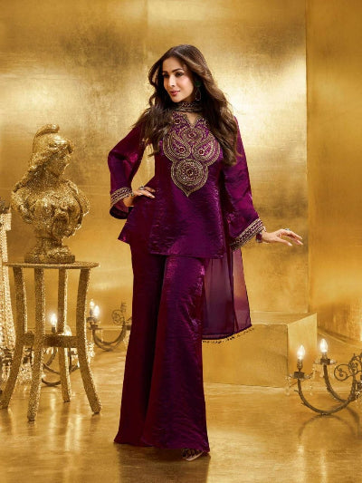 Plum Purple Embroidered Fendy Silk Suit Set