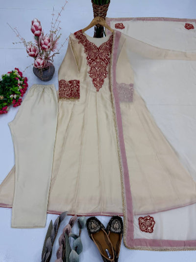 Ivory Gold Organza Embroidered Anarkali Gown Set | Women&