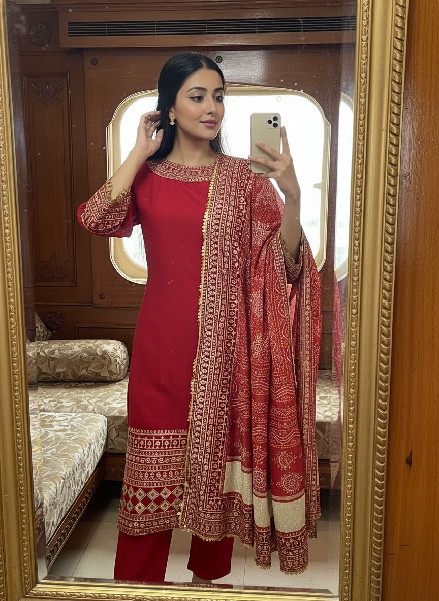 Red Georgette Full Embroidery Straight Suit