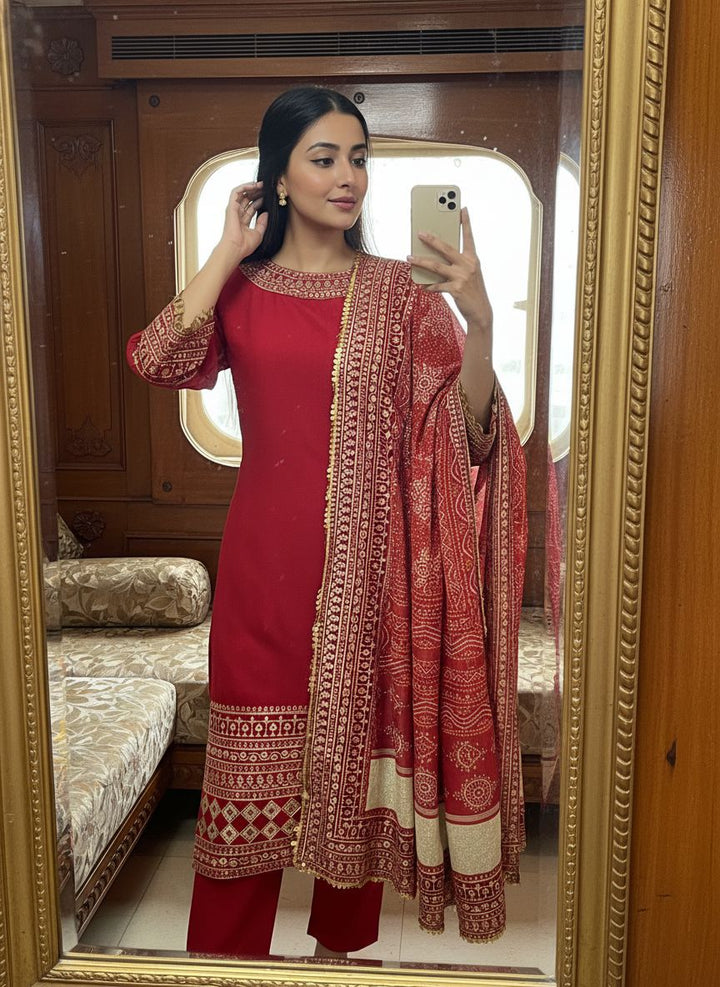 Red Georgette Full Embroidery Straight Suit