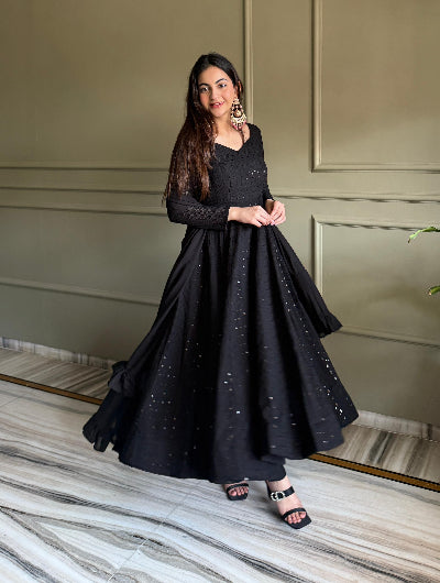 Chikankari Lucknowi Georgette Anarkali Suit-Black &amp; Red