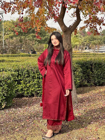 Red Gold Embroidery Moti Work Straight Suit