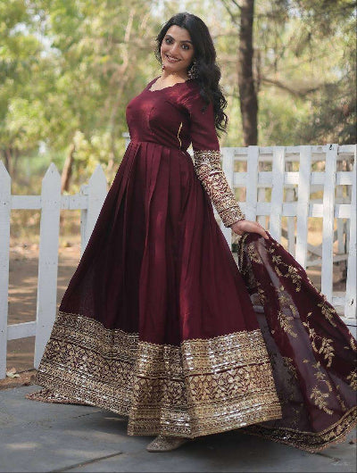 Maroon Georgette Anarkali Gown Set with Full Embroidery Sequence UK Next Day