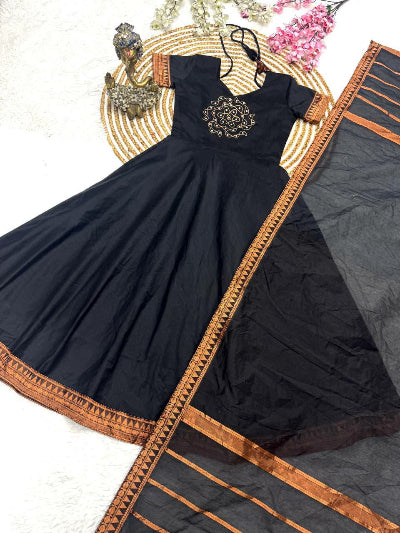 Black Pattu cotton Jacquard Kurti Dupatta Set of 2